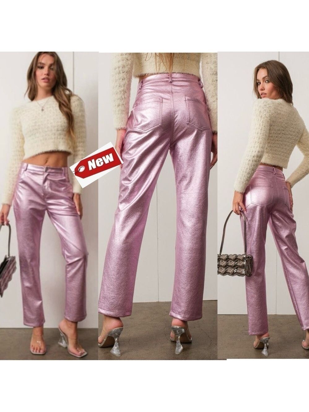 House of Harlow pink metallic liquid foil high waisted stretch pants Sz 6 NWT